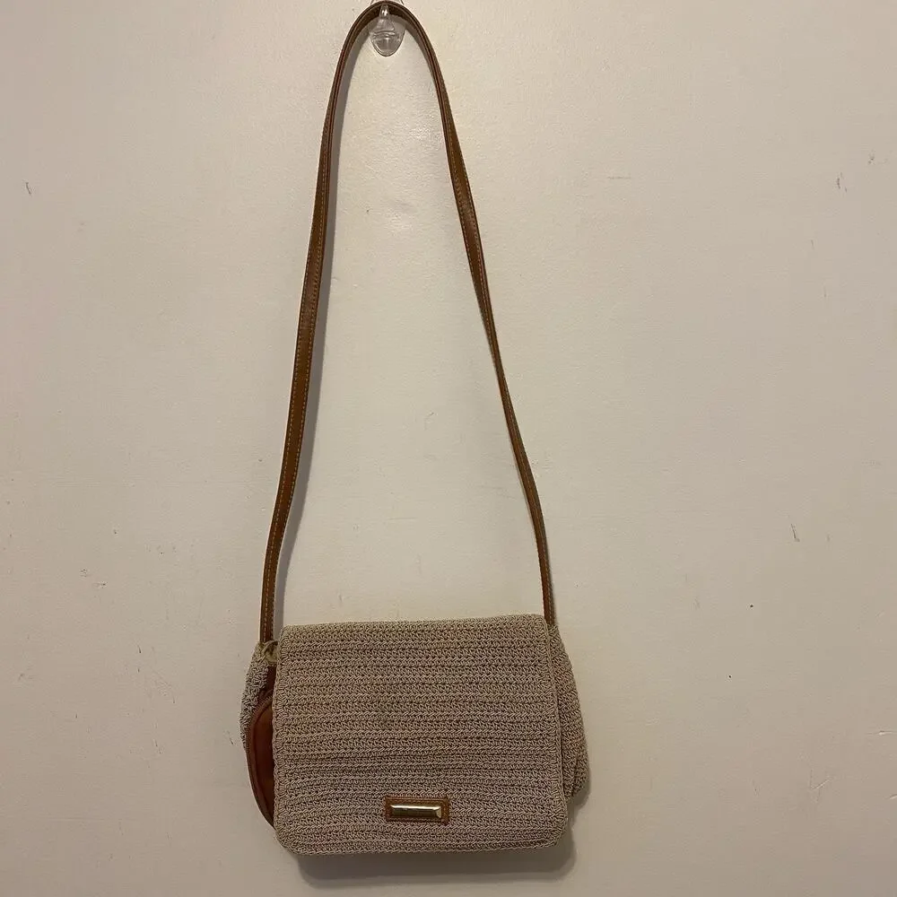 Women Y2K Crocheted BeigeBrown Shoulder HandBag CrossbodyPurse Woven FauxLeather
